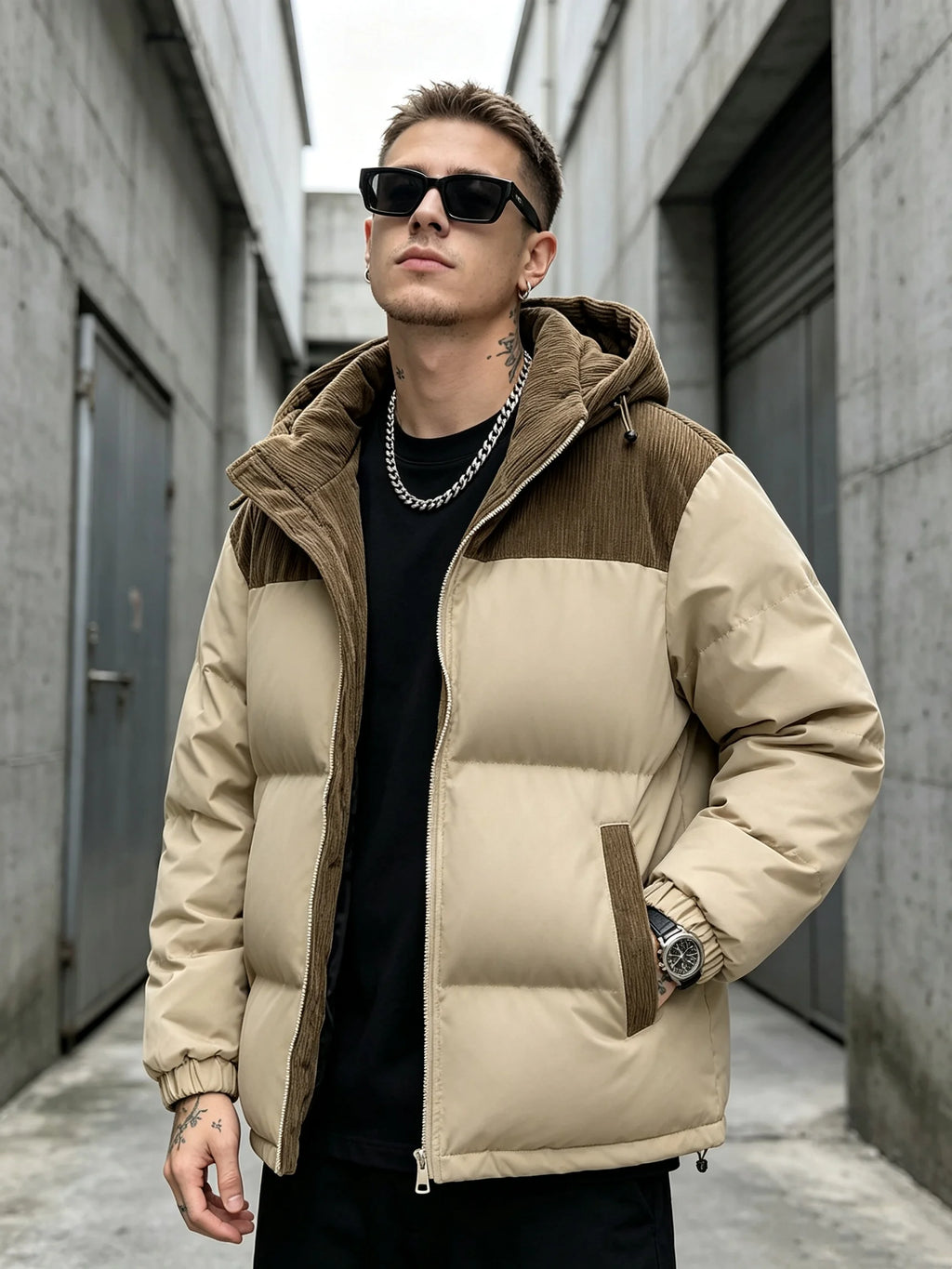 Men's  Block Corduroy Hooded Puffer Jacket Full Zip Thick Warm Winter Coat Loose Windproof Casual Outerwear With Side Pockets