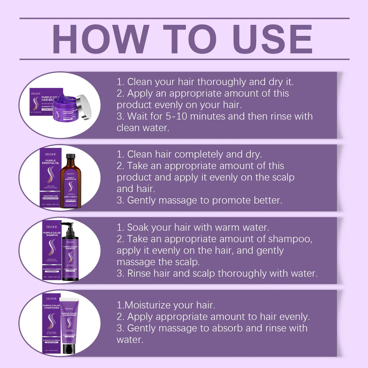 Purple Shampoo for Blonde Hair Eliminate Yellowing Bleached Silver Anti-Fading Purple Hair Mask Conditioner Essential Oil Set