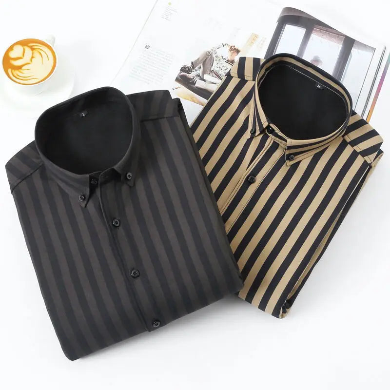 2024 Spring and Autumn Fashion Trend Casual Business Minimalist Buckle Neck Stripe Print Slim Fit Oversize Long Sleeved Shirt