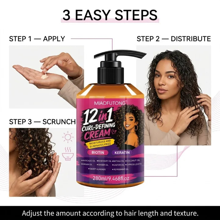 12‑in‑1 Curl Defining Hair Cream 280ml Biotin & Keratin Infused Deep Moisturize Reduce Frizz Define Curls For Natural Curly Hair