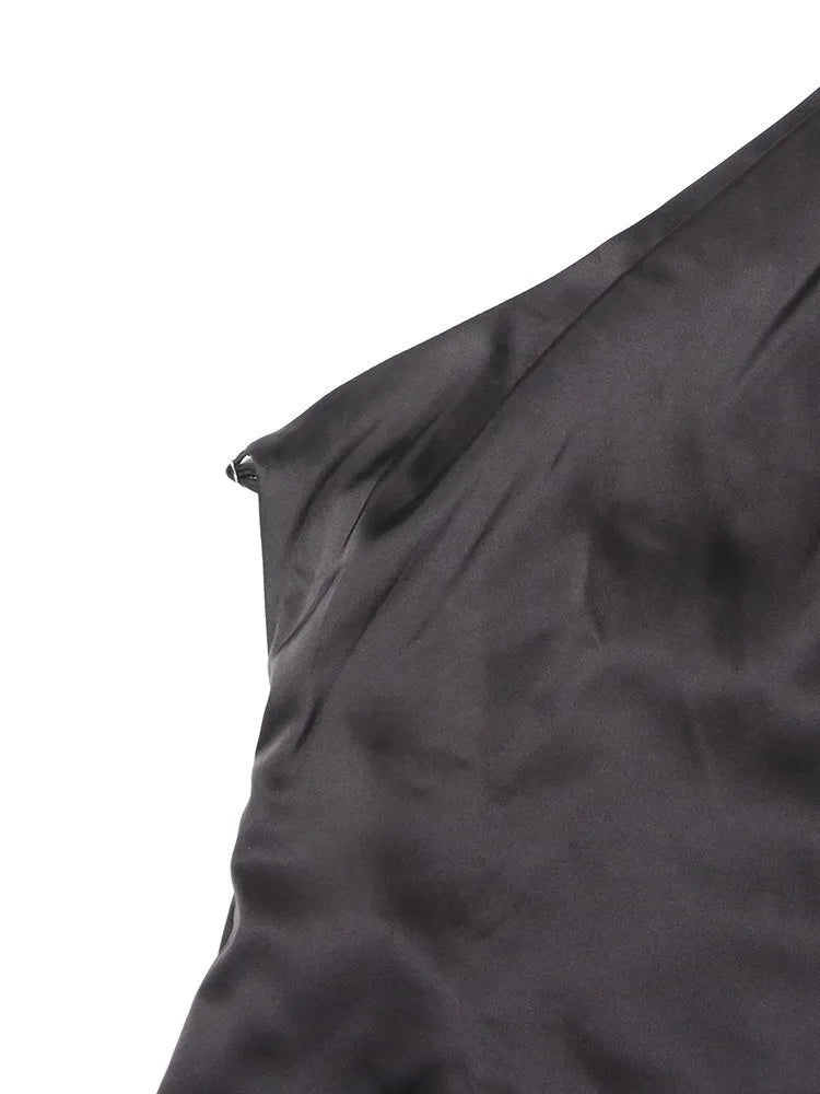 VGH Patchwork Formal Dresses For Women Halter Collar Off Shoulder Sleeveless High Waist Backless Satin Mini Dress Female Style