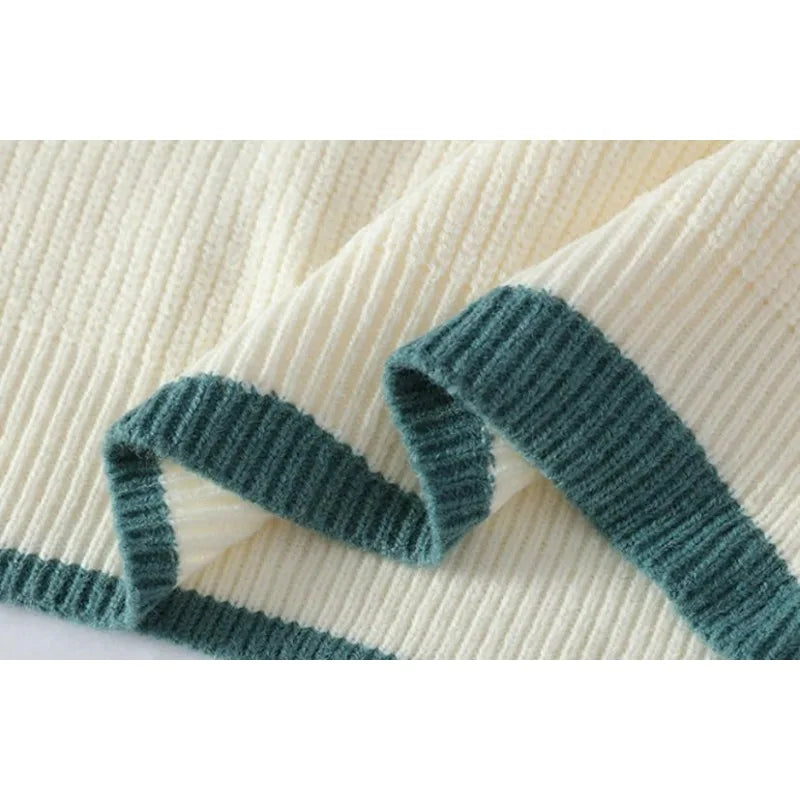 KIDWHXR 2026 Autumn Winter Men Sweaters Contrast Color Round Neck Male Knitted Tops Loose Long Sleeve Man Casual Pullovers