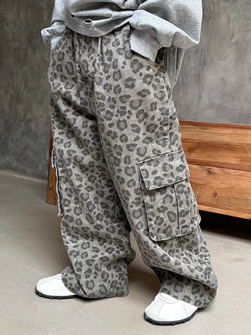 Boys Girls Spring Autumn Cargo Pants 2025 New Fashion Casual Daily Leopard Print Long Trousers for 2-11Y Kids