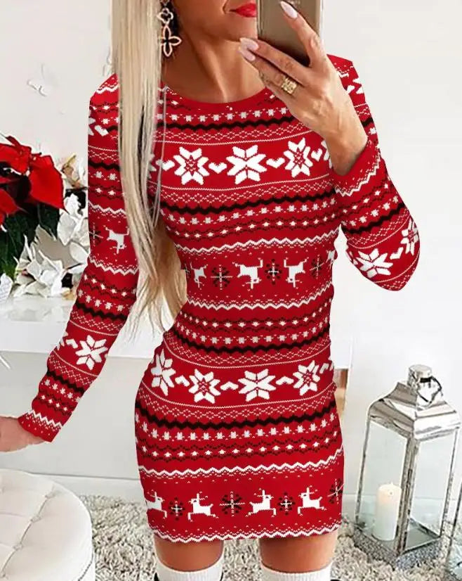Christmas Women's Dresses 2024 Autumn Long Sleeve Fashion Snowflake Elk Print Casual O-Neck Daily Skinny Mini Dress