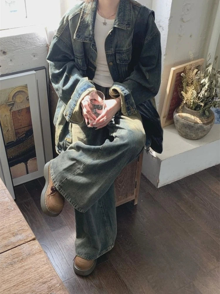 Vintage Washed Denim For Women Loose Fit Street Style Casual Biker With Retro Spring Autumn Layering Outerwear
