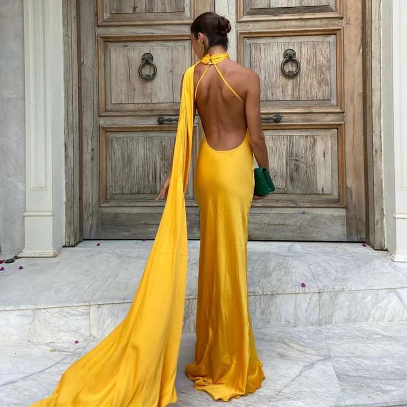 Backless Satin Long Sling Dress Women V Neck Sleeveless Slit Solid Sexy Party Dresses 2026 Summer Lady Vacation Evening Robes