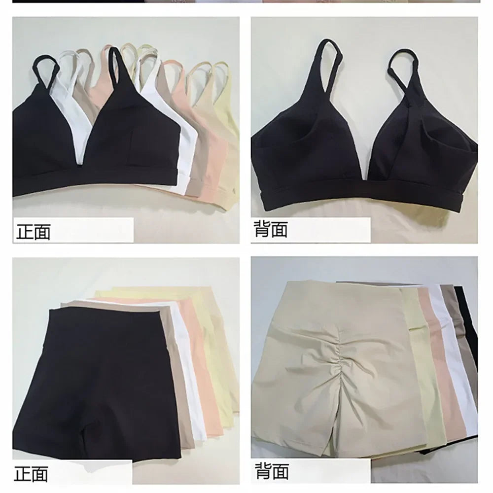 2PCS Nude Deep VNeck Sport Bra Women Yoga Sets Workout Gym Scrunch High Waist Fitness Push Up Shorts Running Avtive Suit XP187