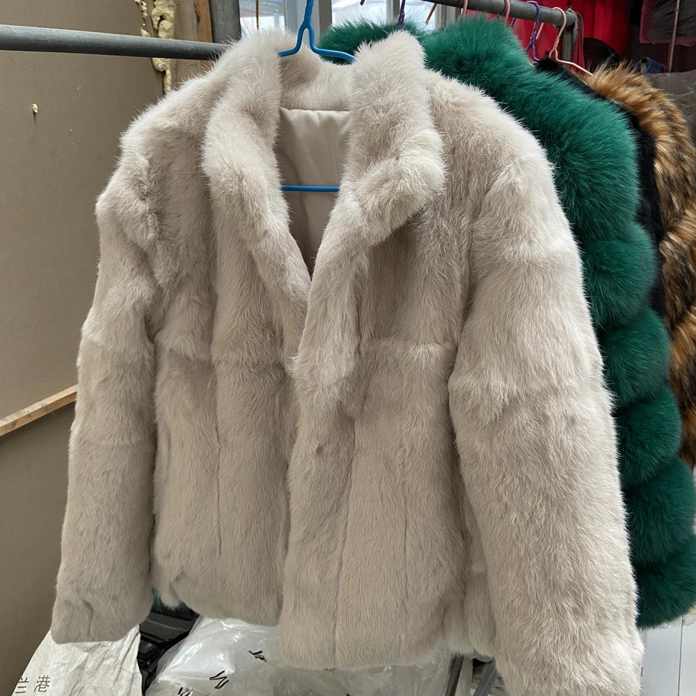 Natural Rabbit Fur Coat Women Winter Jacket Real Leather And Fur Bolero Women's Clothing Female Outerwears With 2025 Black Cold