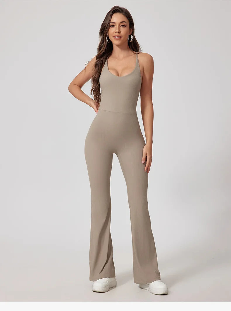 Women Thread Yoga Jumpsuit Sleeveless Gym Tracksuits Flared Overalls Workout Bodysuits Sportswear Female Sports One-Piece Outfit