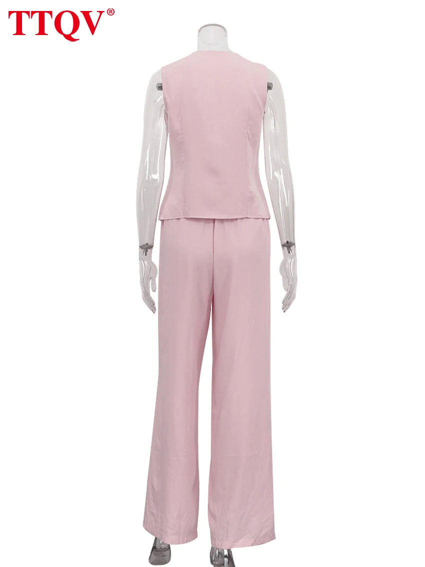TTQV Summer Loose Pink 2 Piece Sets Woman Outfit Fashion Sleeveless Tank Top With High Waist Wide Pants Set Female Streetwear