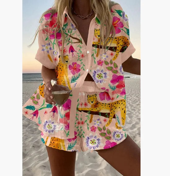 2025 New Summer Vacation Shorts Set 3D Printed Seaside Tropical Casual Lapel Shirt Blouse Top Shorts 2-Piece Suits Beach Holiday
