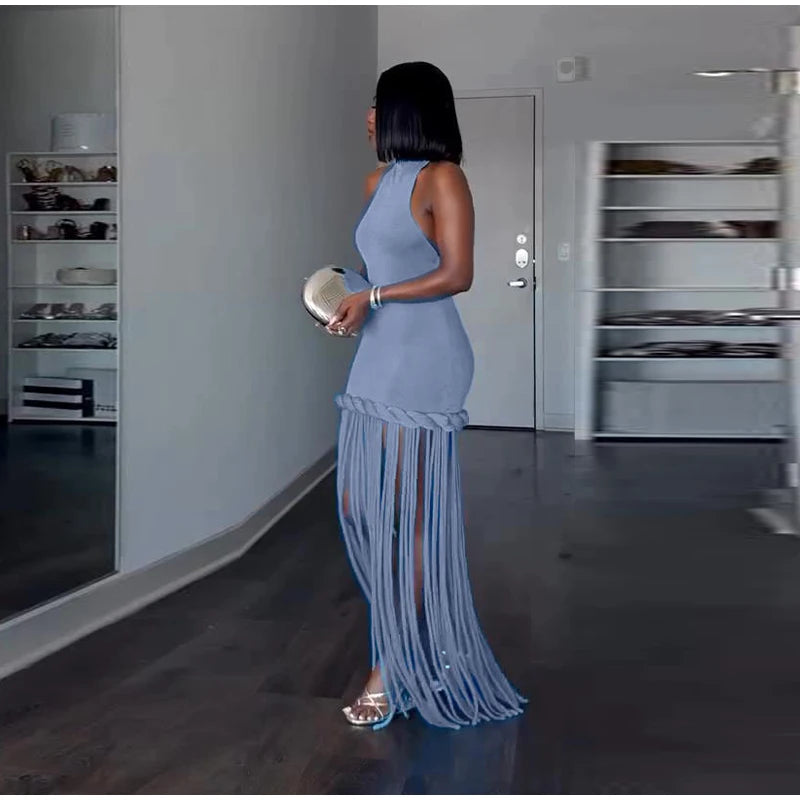 Women Solid Braided Trim Cutout Maxi Dress Sleeveless High Slit Bodycon Fit Gown 2026 Summer Elegant Evening Formal Party Outfit