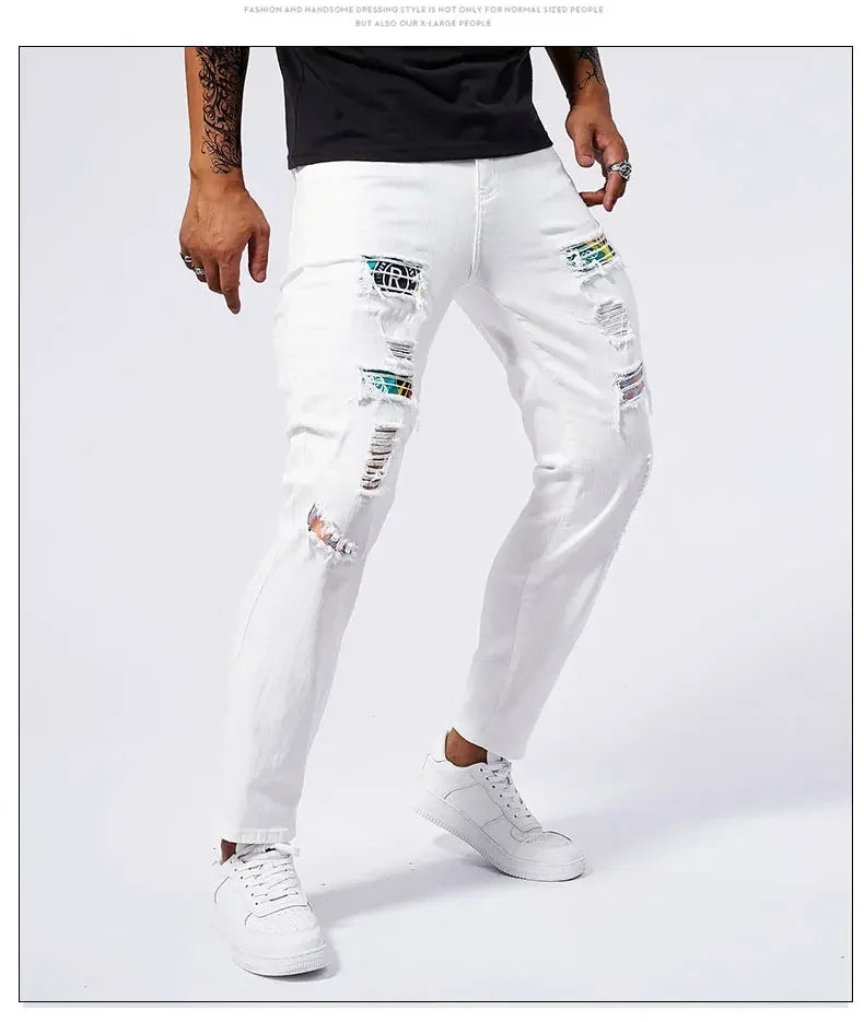 White 97% Cotton Jeans Men Clothing New Ripped Slim Patchwork Fashion Hole Skinny Elasticity Denim Trousers Male Streetwear