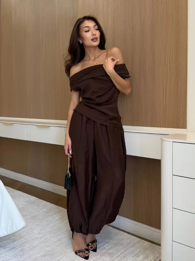 Solid One Shoulder Top Lantern Pants Set Women Chic Cotton Linen T-shirt Wide-leg Pants Suit Elegant Lady Summer Daily Outfits
