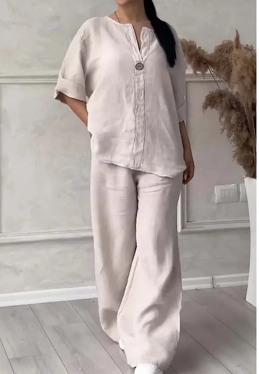 Spring Autumn Fashion Cotton And Linen Solid Two Piece Set Women Causal Loose V-neck Top Wide Leg Pants  2 Piece Sets Woman