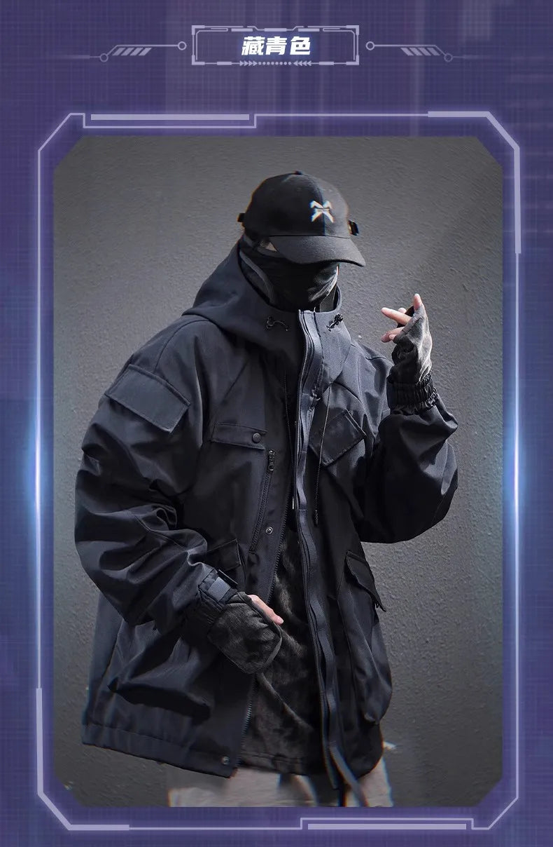 Spring New 2025 Outdoor Hardshell Jacket Men's Loose Punk Style High Street Stand Collar Hooded Coat Fashion Personality Top
