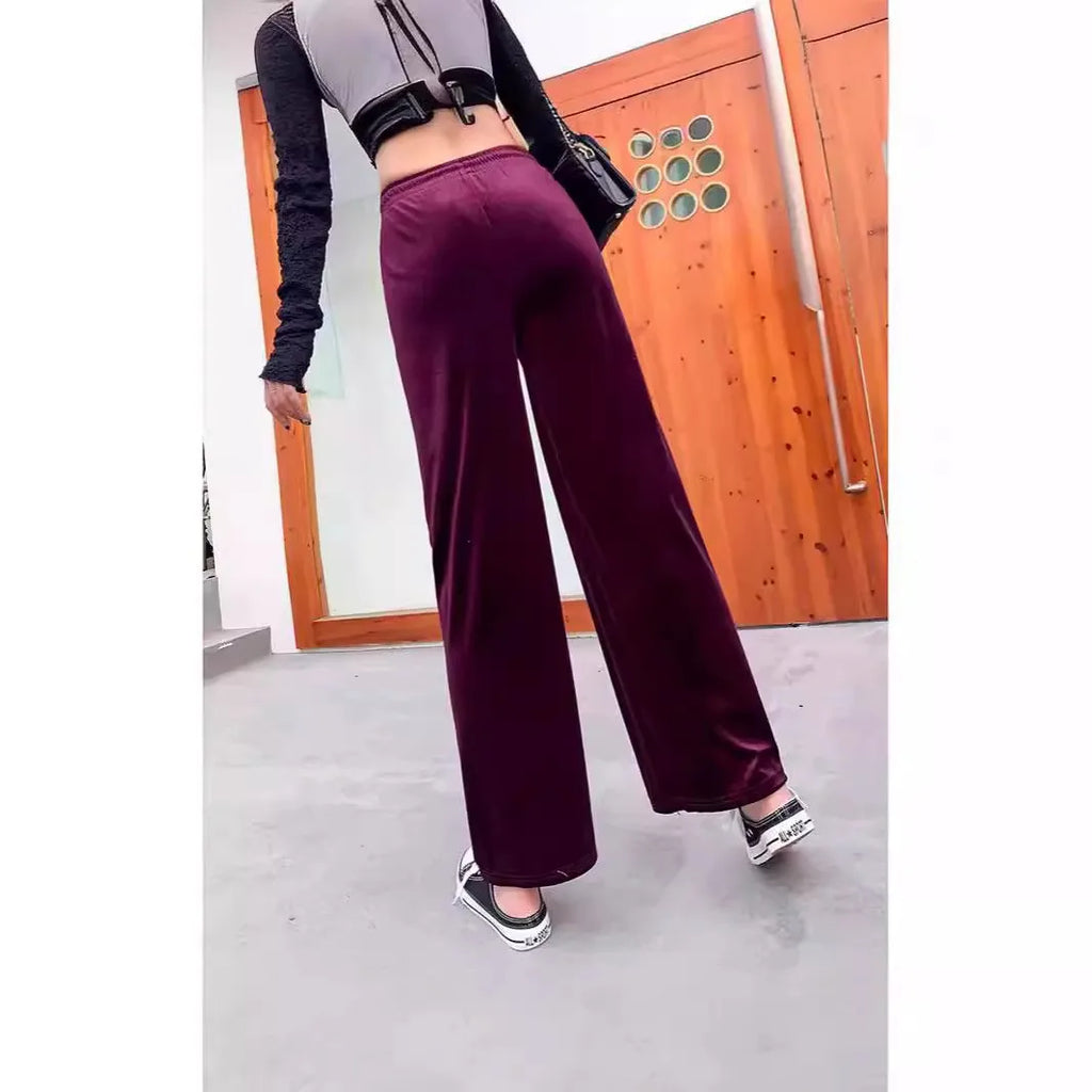 Casual Wide Leg Pants Loose Fit Japanese Korean Casual with Elegant Full Length Regular Thickness Flocked Autumn Women Pants