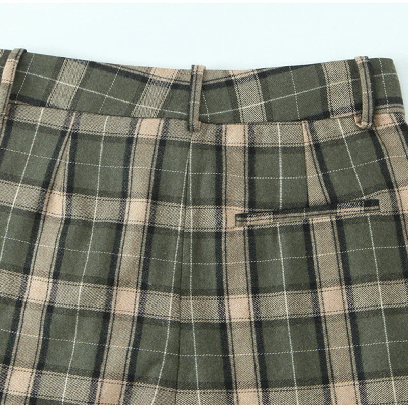 Chic Green Plaid Print Loose Pants Women Casual High Waist Straight Wide Leg Trousers Party Daily Classic Attire 2026 Spring