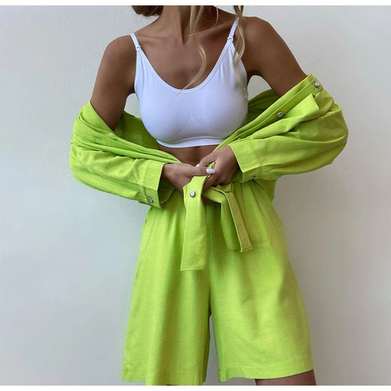 Summer Two Piece Set Women Shorts Suit Green Lapel Long Sleeve Shirts Sets Female Elegant Casual High Waist Pants Lady Outfits