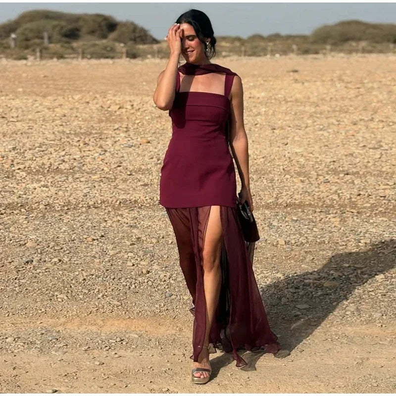 Boho Chic Elegant Mesh Patchwork Sling Dress Sexy Loose Sleeveless Split Scarf Long Dress Female 2026 New Party Evening Dresses