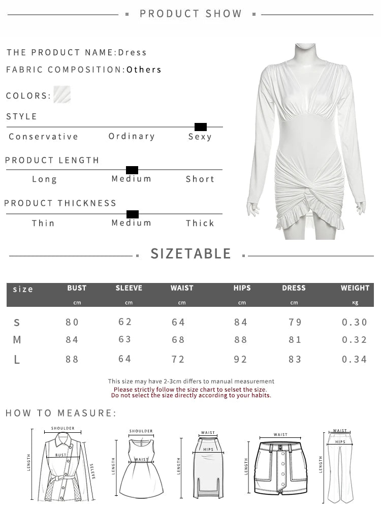 Sisterlinda Cross Ruffle Trim Mini Dress Simple Solid V-neck Ruched Full Sleeve Body-shaping Frock Female Classic Street Vestido