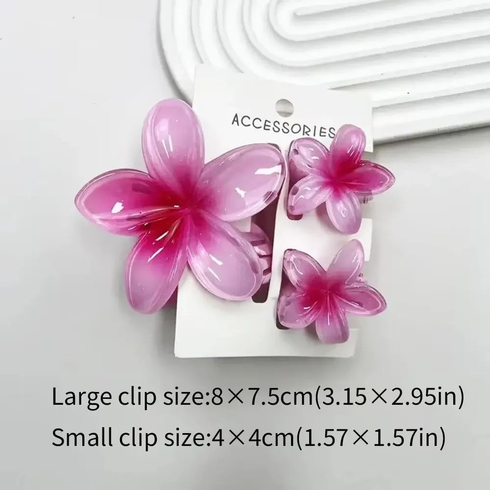 3Pcs/Set Women's Gradient Shark Hair Claw Clips Plumeria Flower Ponytail Barrettes Hawaiian Style Hairpins for Girls