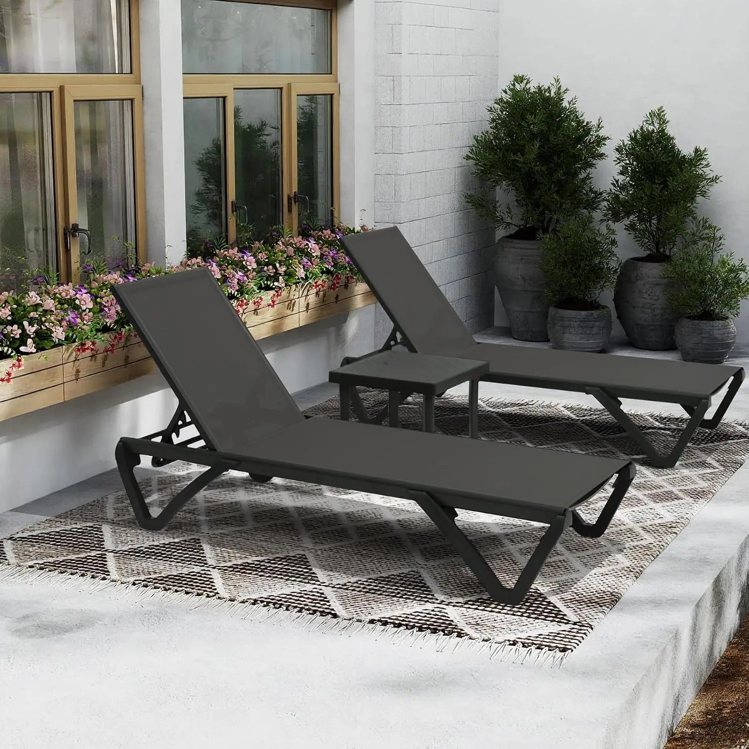 Aluminum Outdoor Chaise Lounge Set 2 with Table Wheels Adjustable Textilene All Weather Poolside Patio Deck, Customized