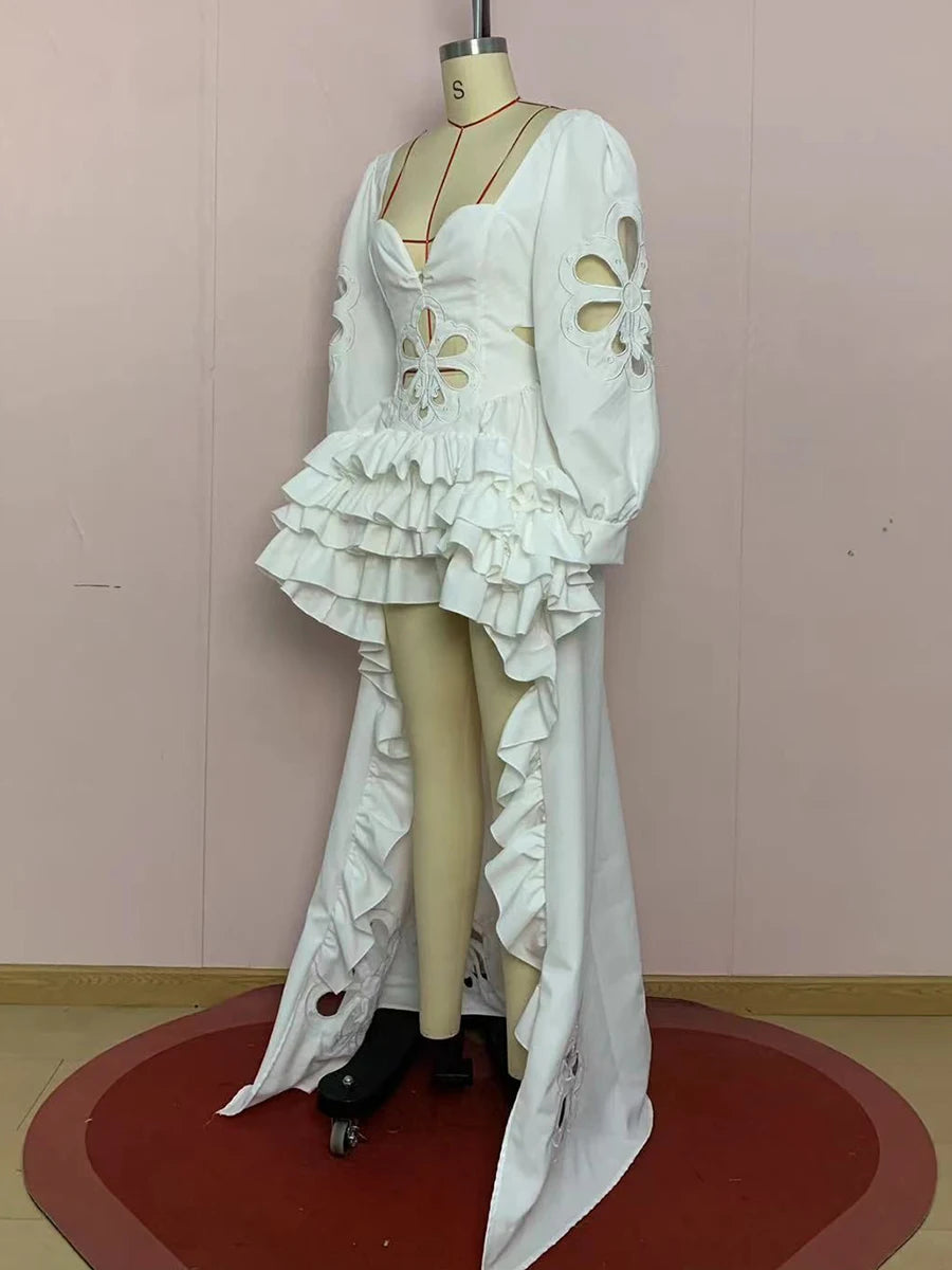 VGH Fashion Style White Cutout Floral Accent Gown for Women Square Collar Puff Sleeve Asymmetric Train Skirt for Beach Elopement