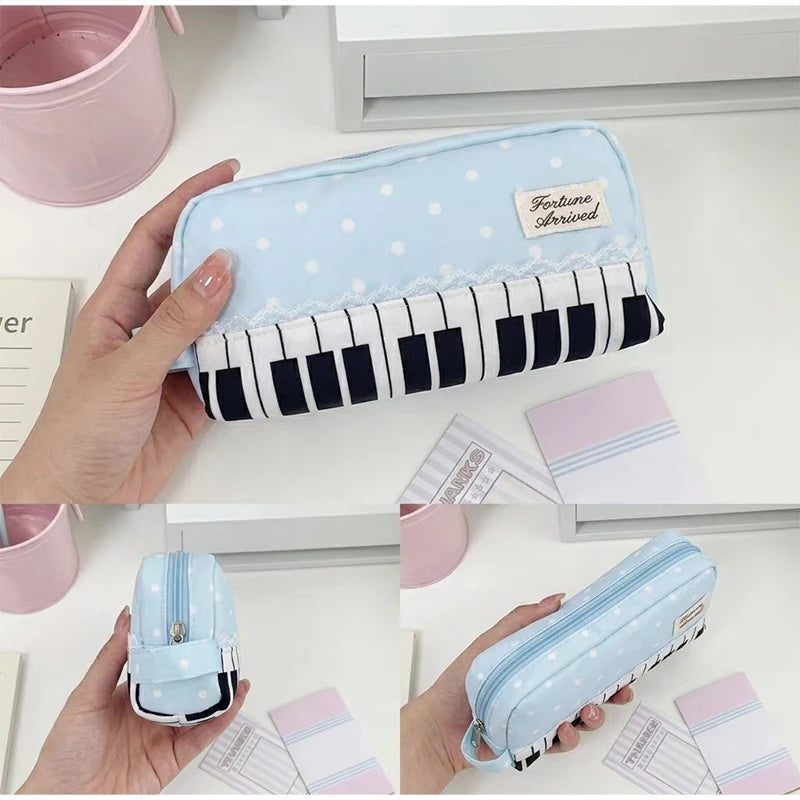 Polka Dot Piano Keyboard Backpack Back-to-school Girl Music Theme Embroidered Nylon Backpack Large Capacity Lightweight Backpack