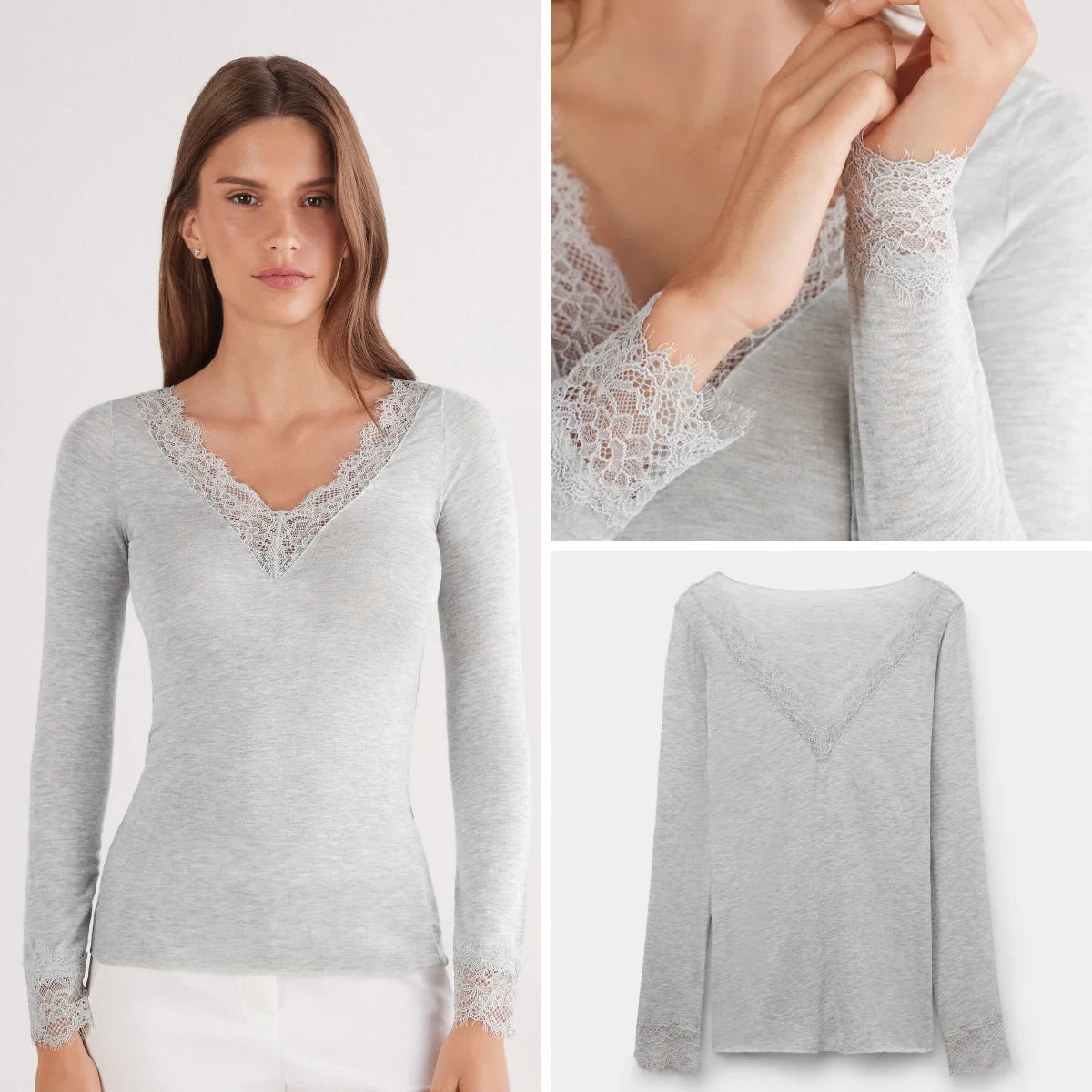 Absobe Long Sleeve Lace Trim T-shirt Women Sexy Low Cut V-Neck Patchwork Versatile Slim Female Top Solid Color Casual Streetwear