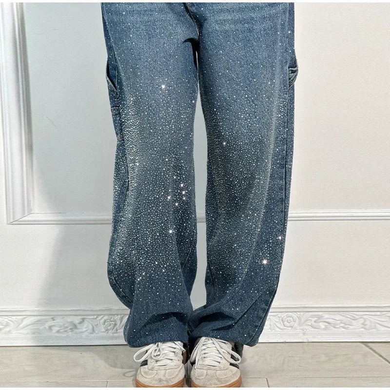Shiny Rhinestone Baggy Women's Wide Leg Jeans Full Diamond Wide Leg Dragging Denim Pants Vintage Washed Pants Casual Trousers