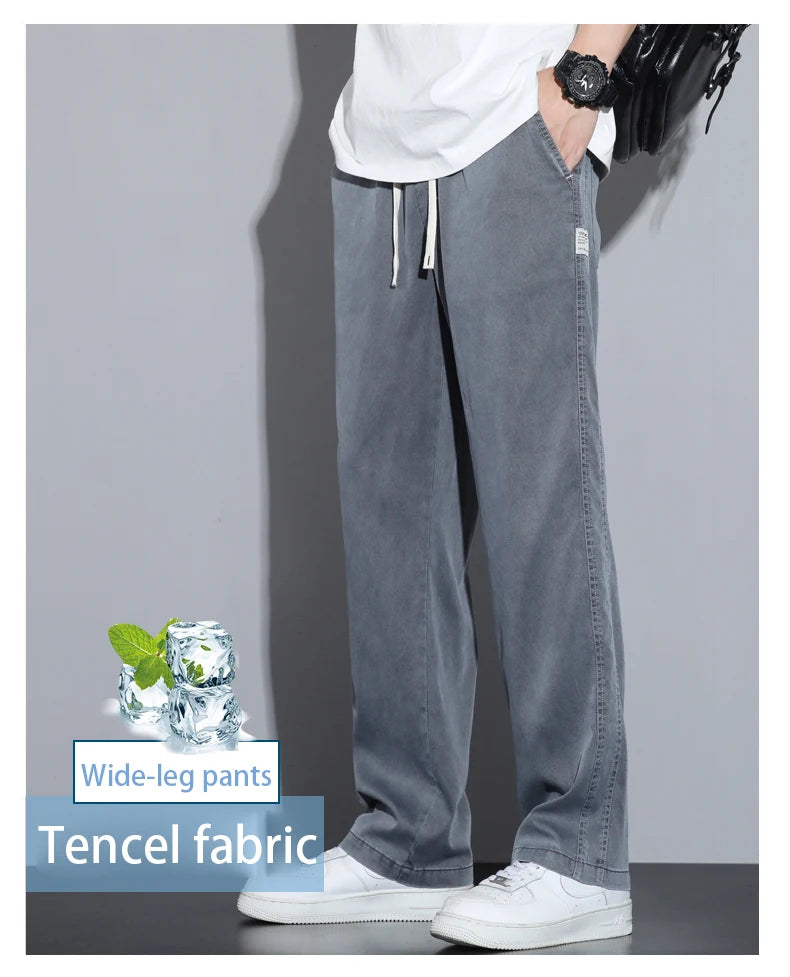 Summer Soft Lyocell Fabric Men's Jeans Thin Loose Straight Pants Drawstring Elastic Waist Korea Casual Trousers Plus Size M-5XL