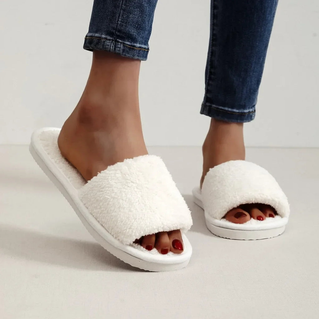 Four Seasons New Women's Home Slippers Slides Sandals Shoes White Fur Warm Plush Comfortable Lightweight Flat