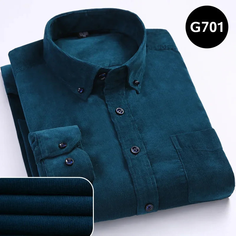 2025 Cotton Corduroy Casual Warm Solid  Shirt Long Sleeve Winter Regular Fit Mens Men's Shirts with Pokets