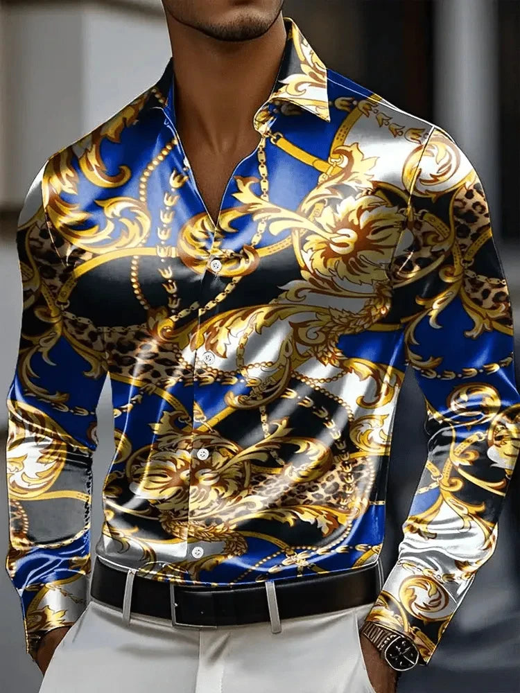 Men's Shirt 3D Vintage Chain Print Polyester Fabric Outdoor Street Long Sleeve Button Clothing Fashion Street Style Design
