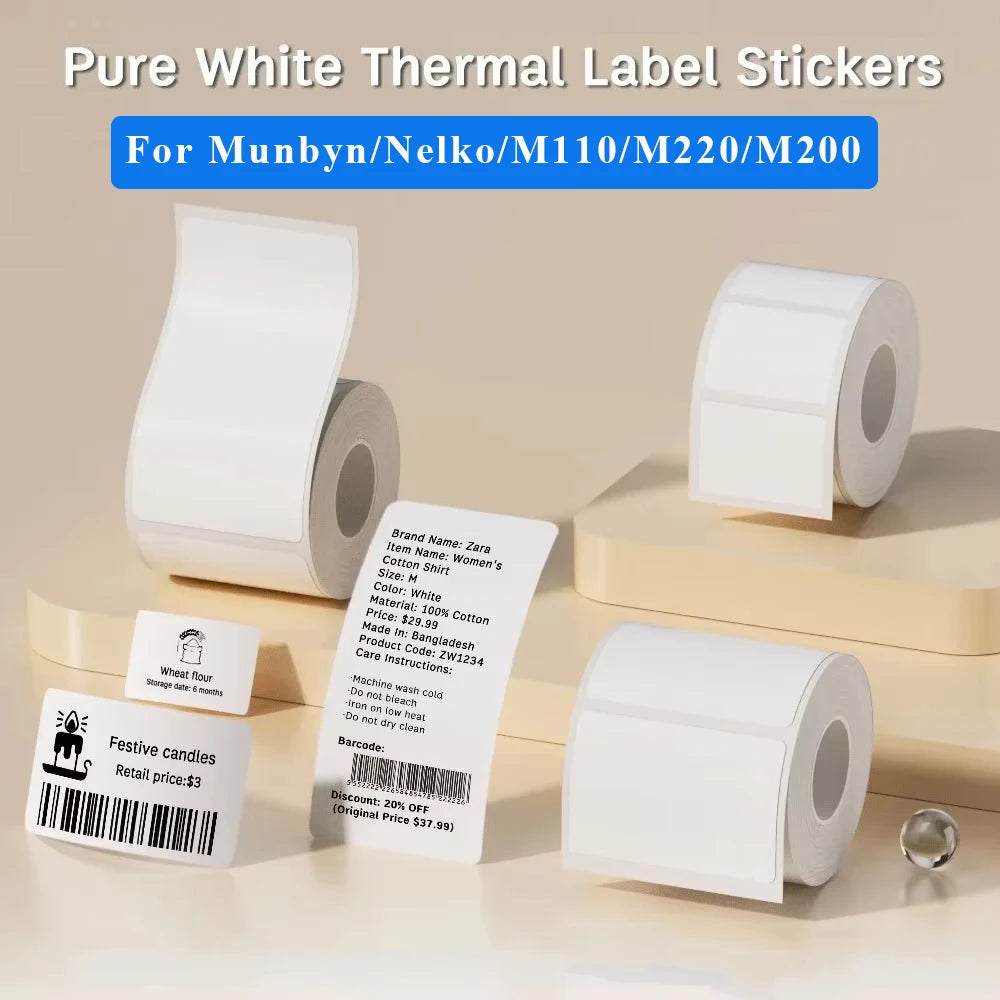 20-50mm White Thermal Label Sticker Compatible for M110 M220 M200 Marklife P50 E210 Munbyn Nelko PM220 MiniPrinter