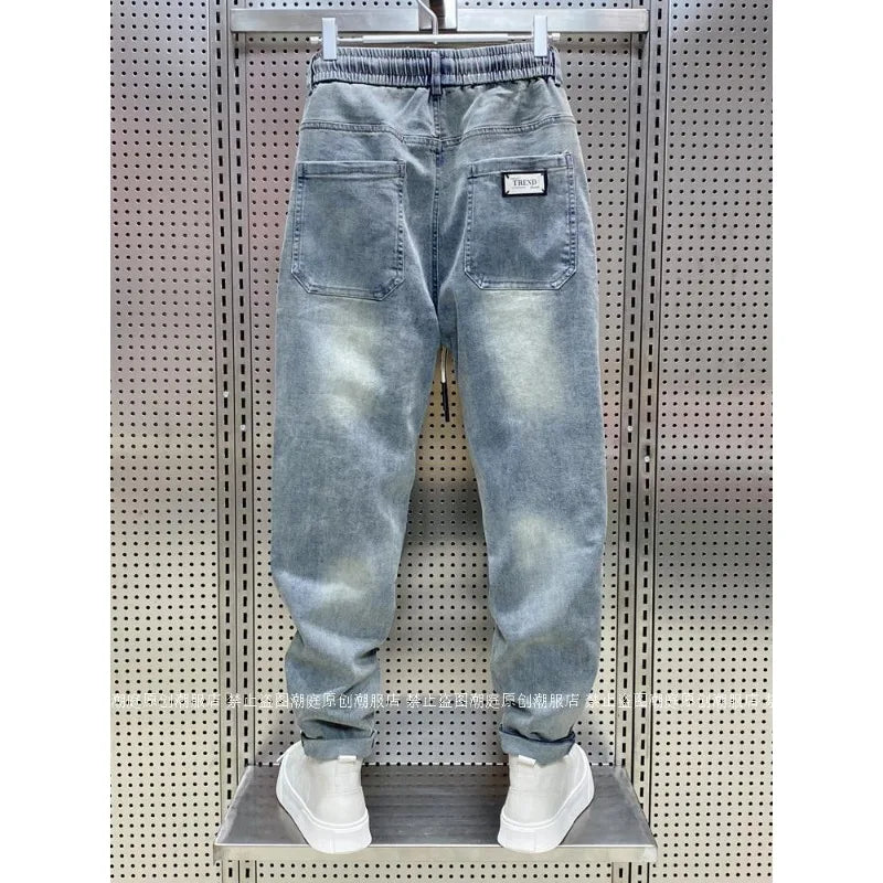 Spring Autumn New Kpop Loose Casual Men's Jeans Pants High-end Brand Loose Straight Pants Elastic Harlan Casual Trendy Dad Jeans