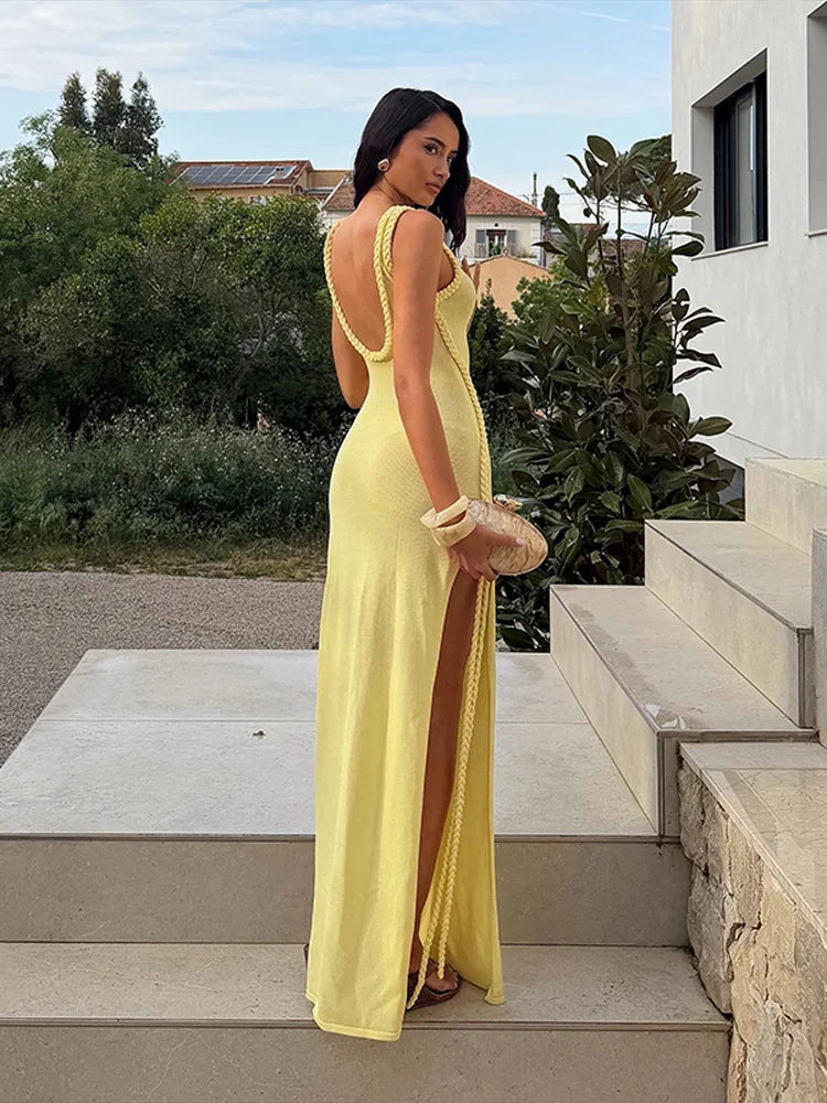 Women Solid Braided Trim Cutout Maxi Dress Sleeveless High Slit Bodycon Fit Gown 2026 Summer Elegant Evening Formal Party Outfit