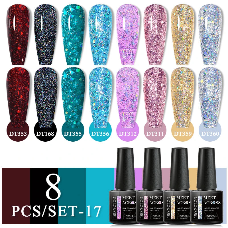 MEET ACROSS 6/8Pcs Set Glitter Gel Nail Polish Autumn Winter Nail Art Varnishes Semi Permanent Soak Off UV Gel Kit Nails Lacquer