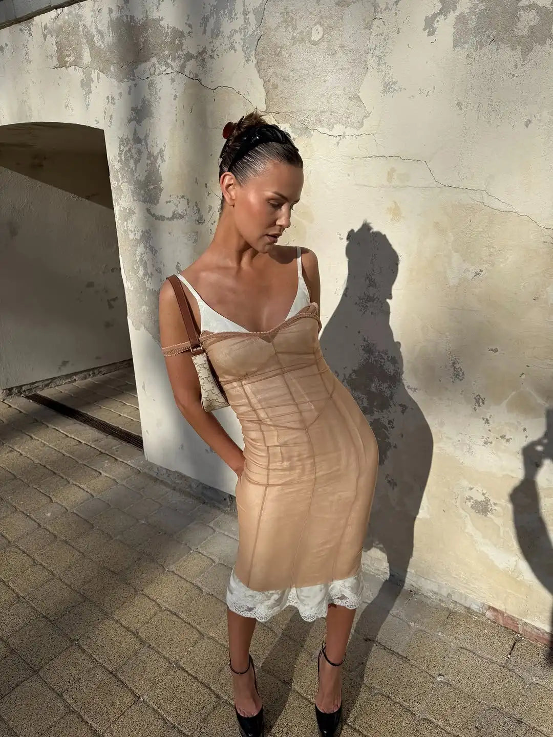 Sexy Nude Fishbone V-neck Dress Women Elegant Sleeveless Pleated Slim Waist-cinching Gown 2026 Summer Party Casual Streetwear
