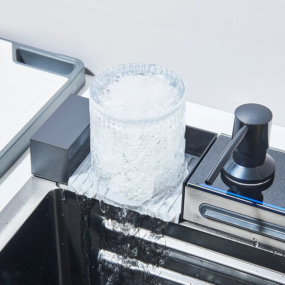 304 Stainless Steel Waterfall Kitchen Sink Large Single Slot Integrated Digital Display Faucet Set Soap Dispenser Cup Washer