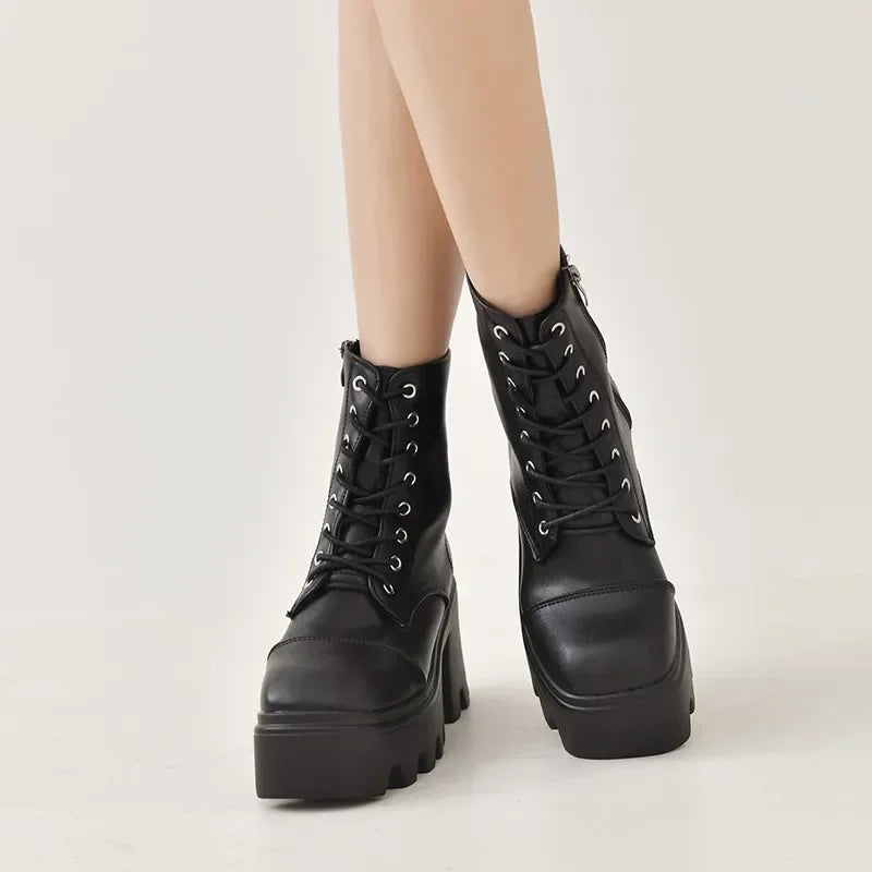 2024 Winter Plus Size Shoes for Women Side Zip Women's Ankle Boots Platform Square Heel Ladies Boots Lace-up Shoes Female