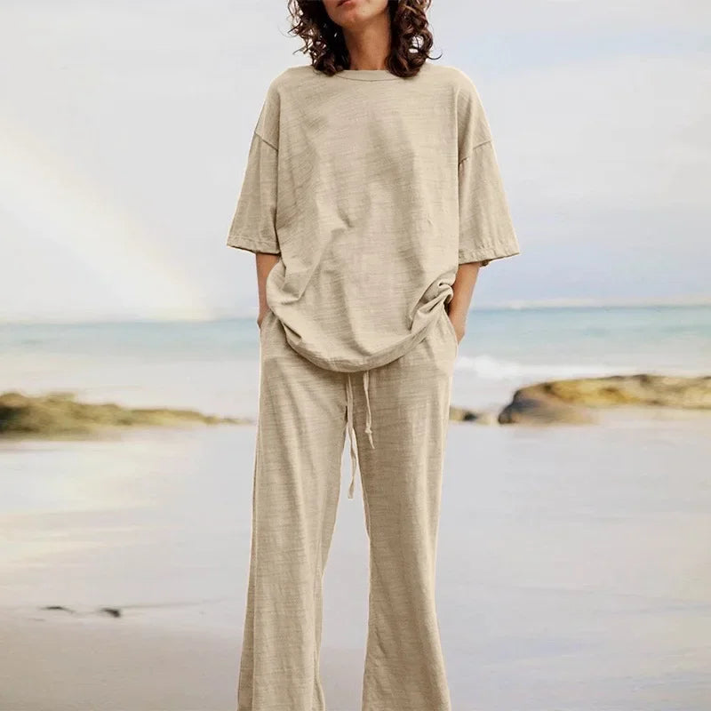Fashion Women's 2-piece Set 2024 Summer Casual Pocket Set Half Sleeve O-Neck Top and Wide Leg Large Outline Pants Set