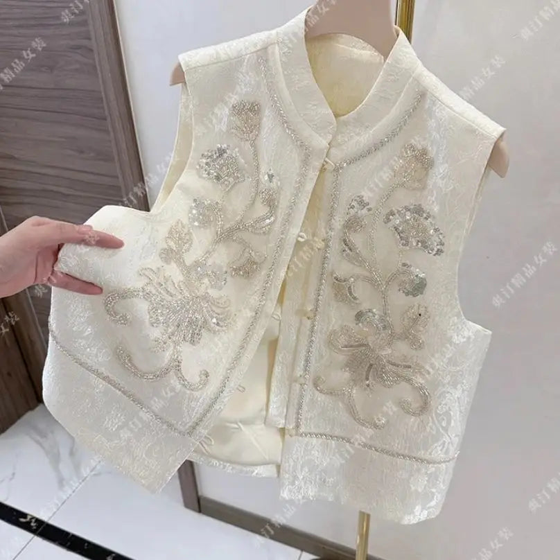 2025 New Chinese Style Beaded Sequin National Style Vest Spring New Embroidered Loose Vest