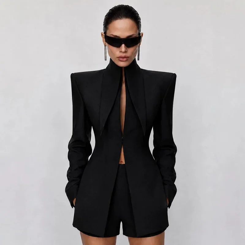 Women's Suit Shorts 2 Piece Set Long Sleeve Stand Collar Solid Coat Short Pants 2026 Summer Autumn Chic Female  Elegant Outfits