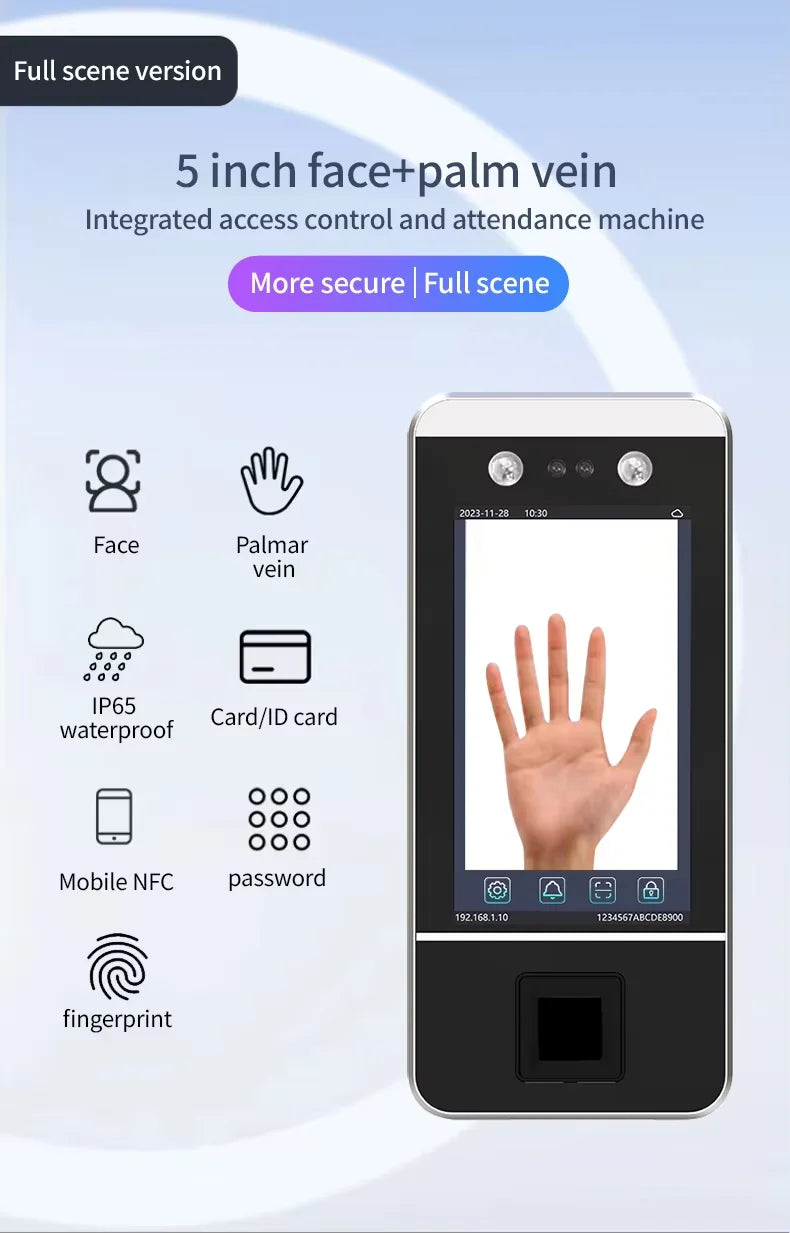 Waterproof 5.5 Inch Display Face Recognition Palm Vein Biometric Fingerprint Smart Door Access Control Time Attendance System