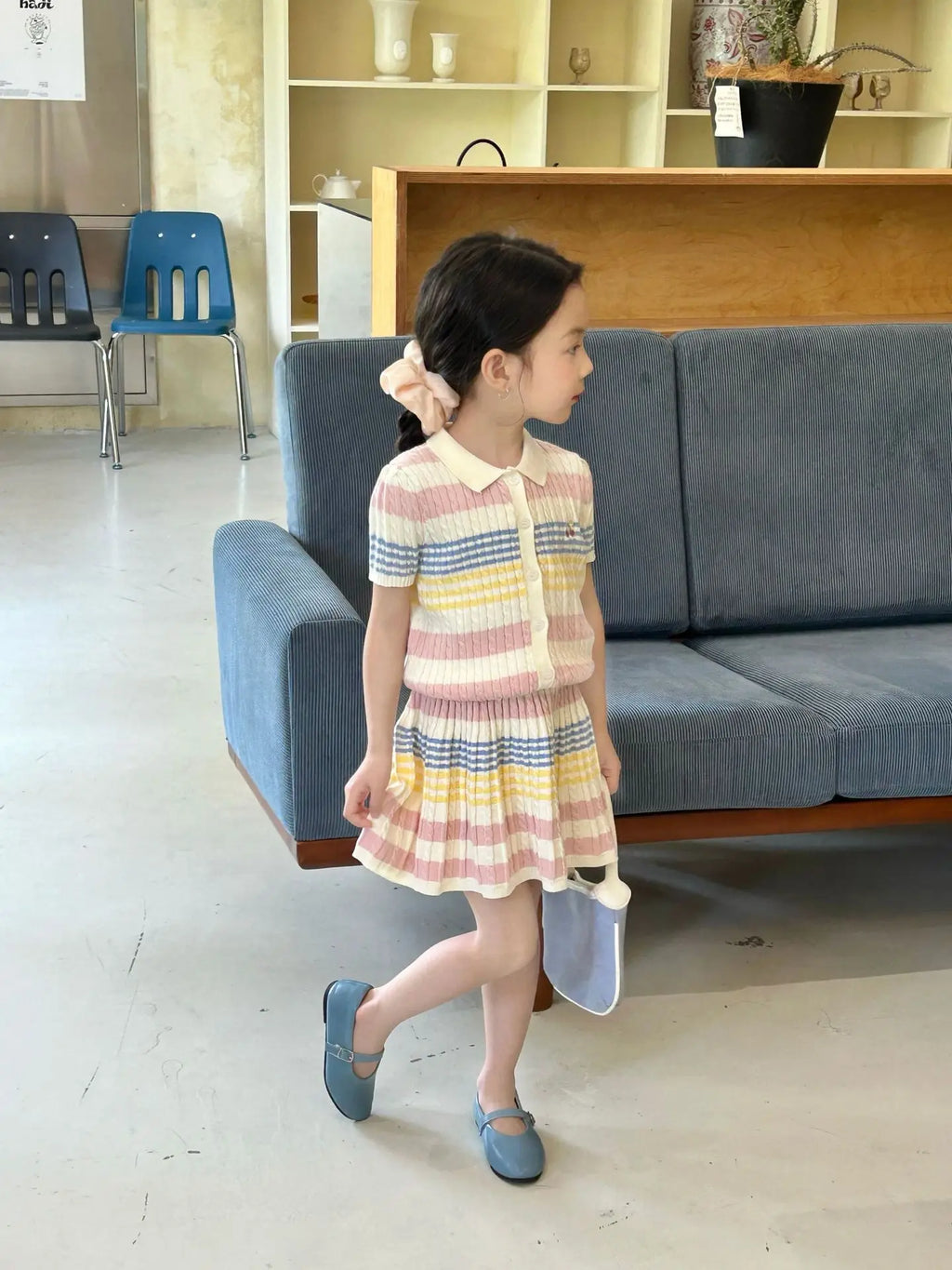 Girls Suit 2025 Summer New Childrens Clothing Korean Style Girl Baby Stripe Tie-in Color Cardigan Skirt Two Sets of Casual Daily