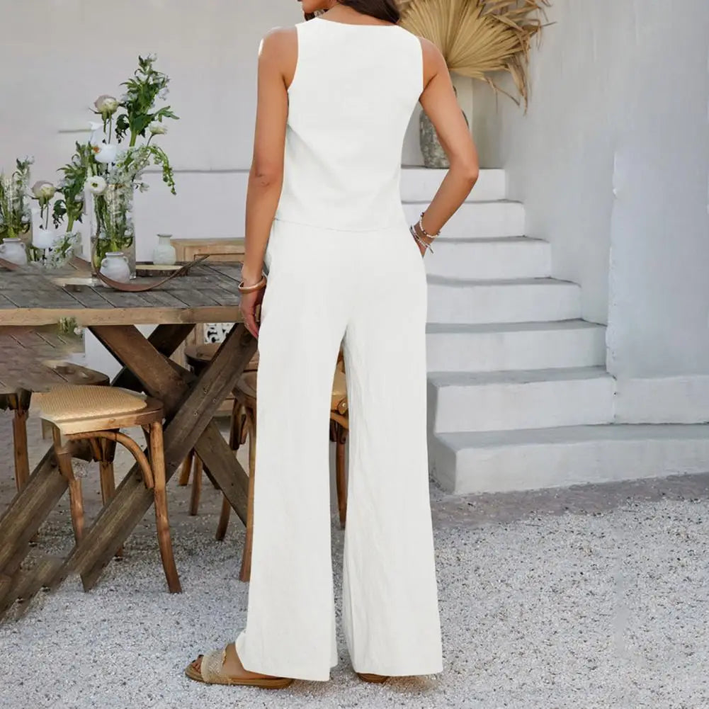 Women's Summer Comfortable Casual Simple Solid Color Two-piece Set Fashion Sleeveless V-neck Strap Short Top Wide-leg Pants Sets