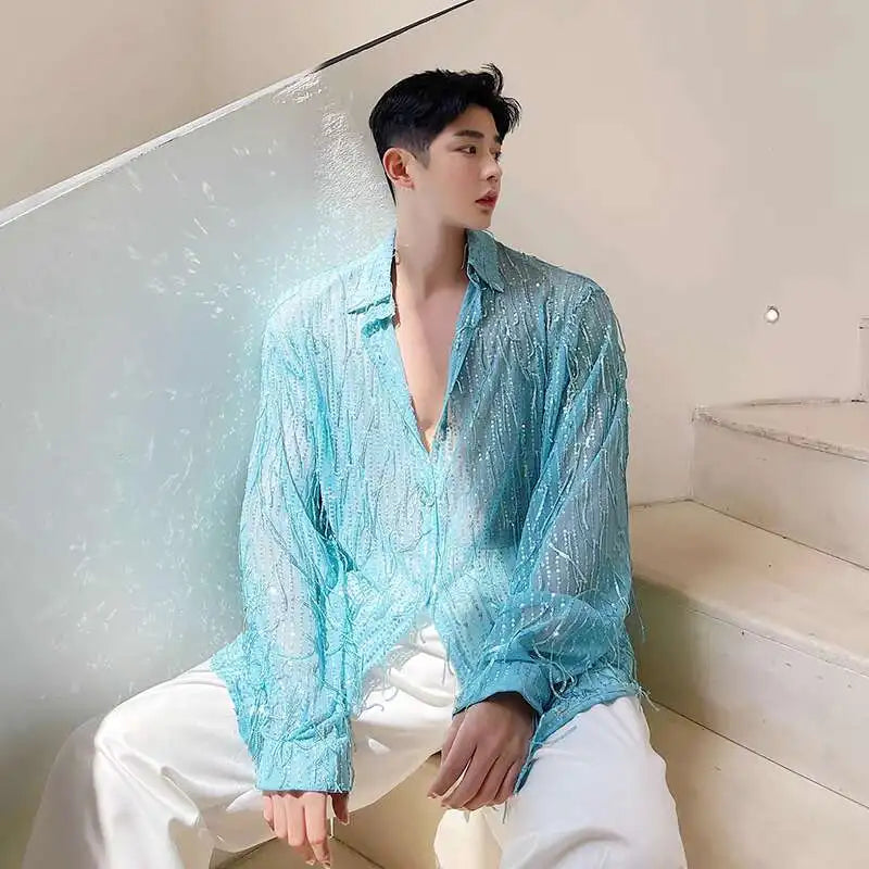 IEFB Spring Summer Men's Shirt Long Sleeve New Irregular Sequin Tassel Shirts Niche Streetwear Korean Style Male Top Tide 9Y7232