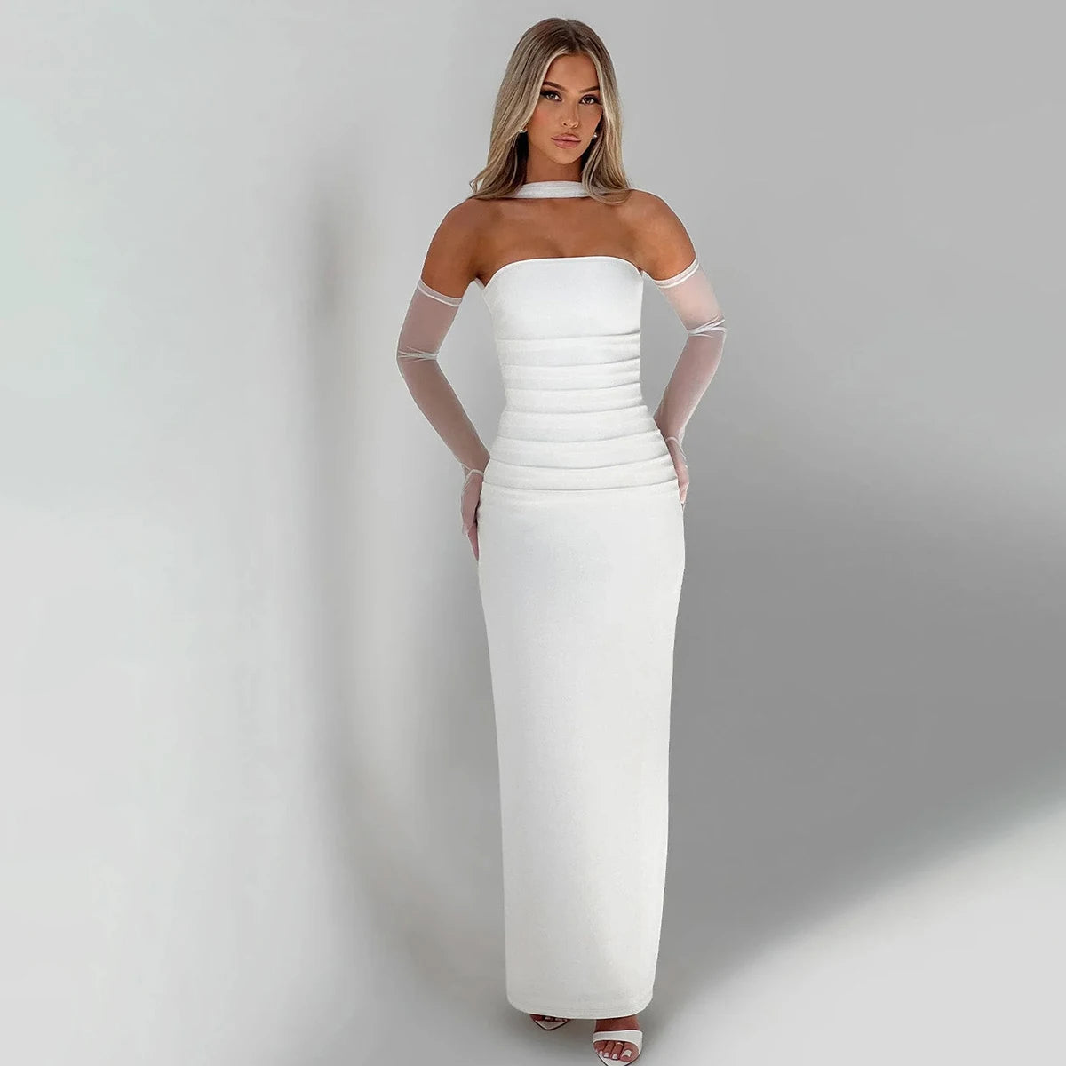 Hugcitar Elegant Scarf Strapless Solid Mesh Gloves Sexy Bodycon Maxi Prom Dress Women Fashion Y2K Outfits Wedding Party Birthday